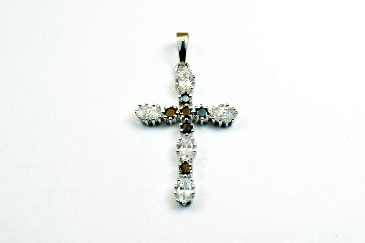 White Gold Filled Cross Pendant - Black Clear CZ Charm - Rhodium Plated, Tarnish Resistant Finish, Gift For Her Jewelry Making