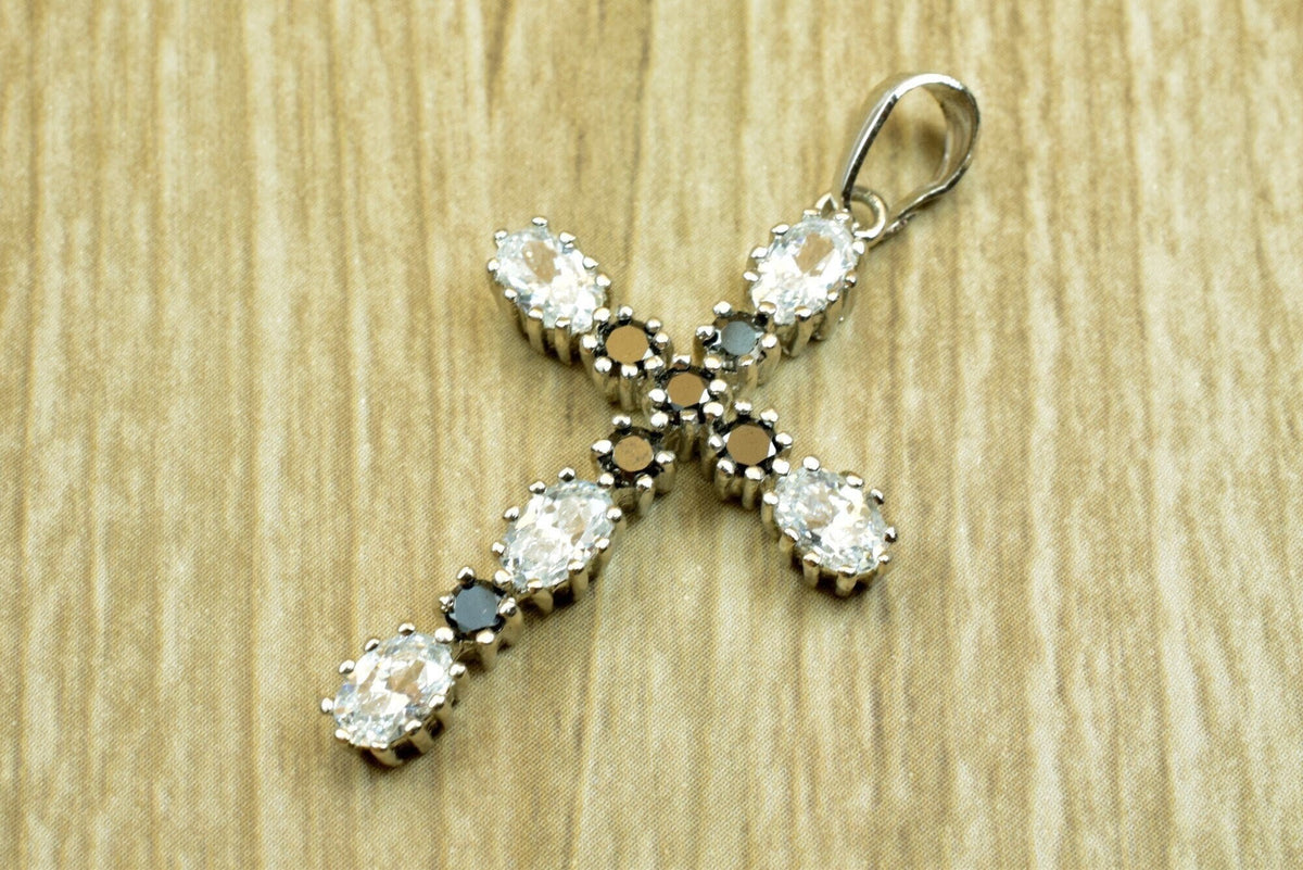 White Gold Filled Cross Pendant - Black Clear CZ Charm - Rhodium Plated, Tarnish Resistant Finish, Gift For Her Jewelry Making
