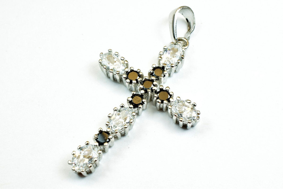 White Gold Filled Cross Pendant - Black Clear CZ Charm - Rhodium Plated, Tarnish Resistant Finish, Gift For Her Jewelry Making