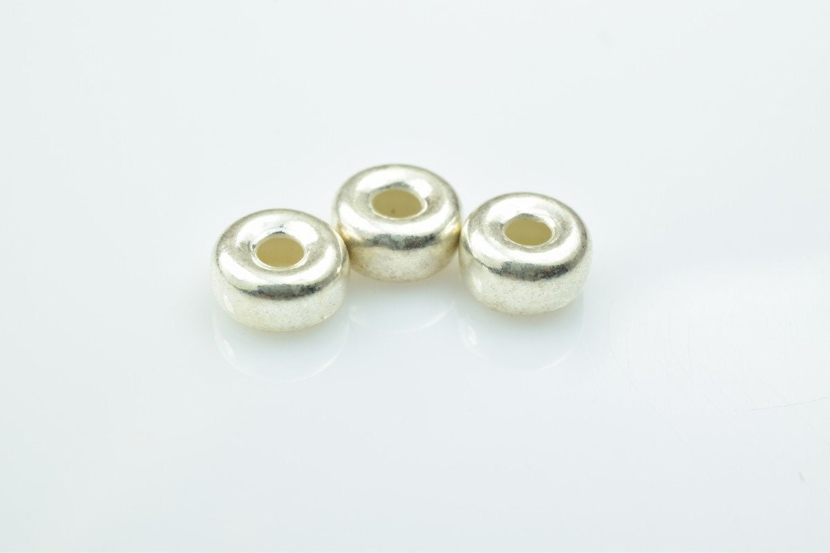 Big Hole Rondelle Silver Spacer Beads, Smooth Donut Design (5mm & 7mm, 925 Sterling Silver, Jewelry Crafting)