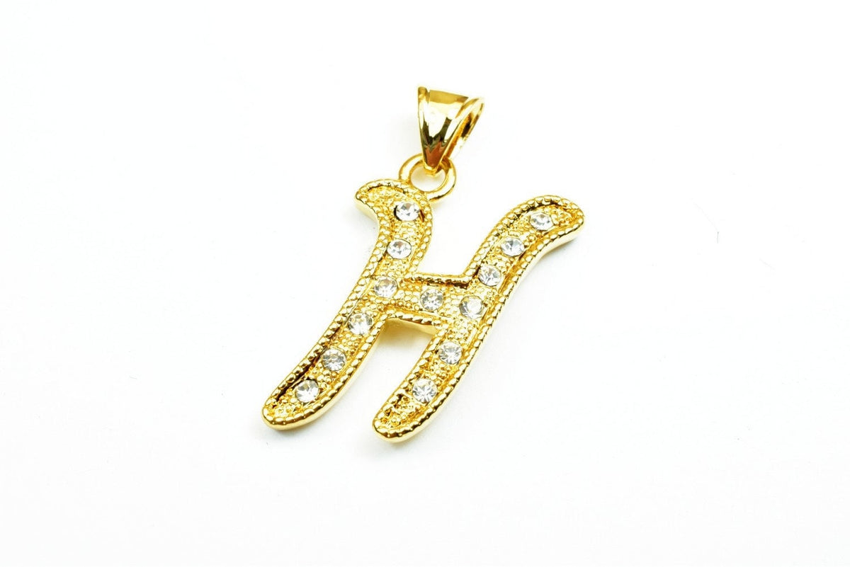Letter H Pendant 18K Gold Filled Look, Rhinestone CZ Cubic Zirconia (29x18mm, Tarnish Resistant Copper Metal Charm)