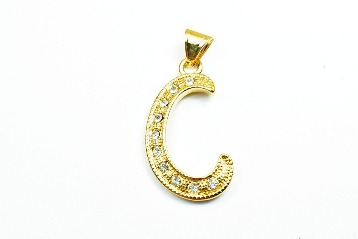18K as Gold Filled* Letter "C" Pendant With Rhinestone CZ Cubic Zirconia, Size 34x18mm Initial Charm Valentine's Day Gift...