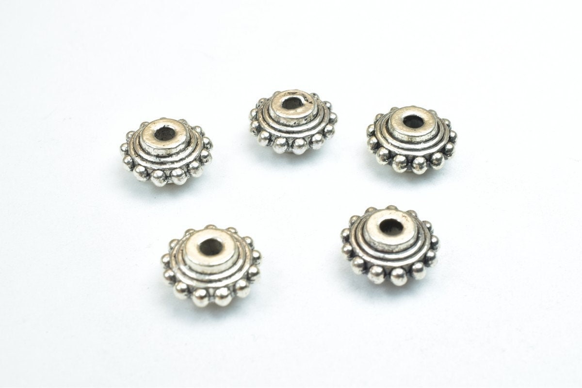 Antique Silver Charm Beads - Rondelle Spacer Beads, 10mm Size, Alloy Metal, Rustic Finish - Jewelry Making Kit