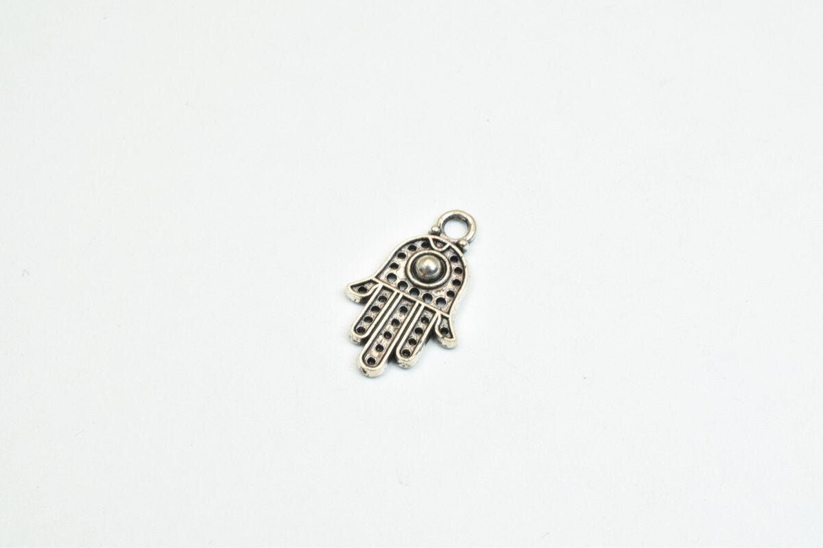 16 PCs Silver Alloy Hamsa Hand Charm Beads Antique Silver Size 20x12mm Decorative Design Metal Beads 3mm JumpRing Opening...