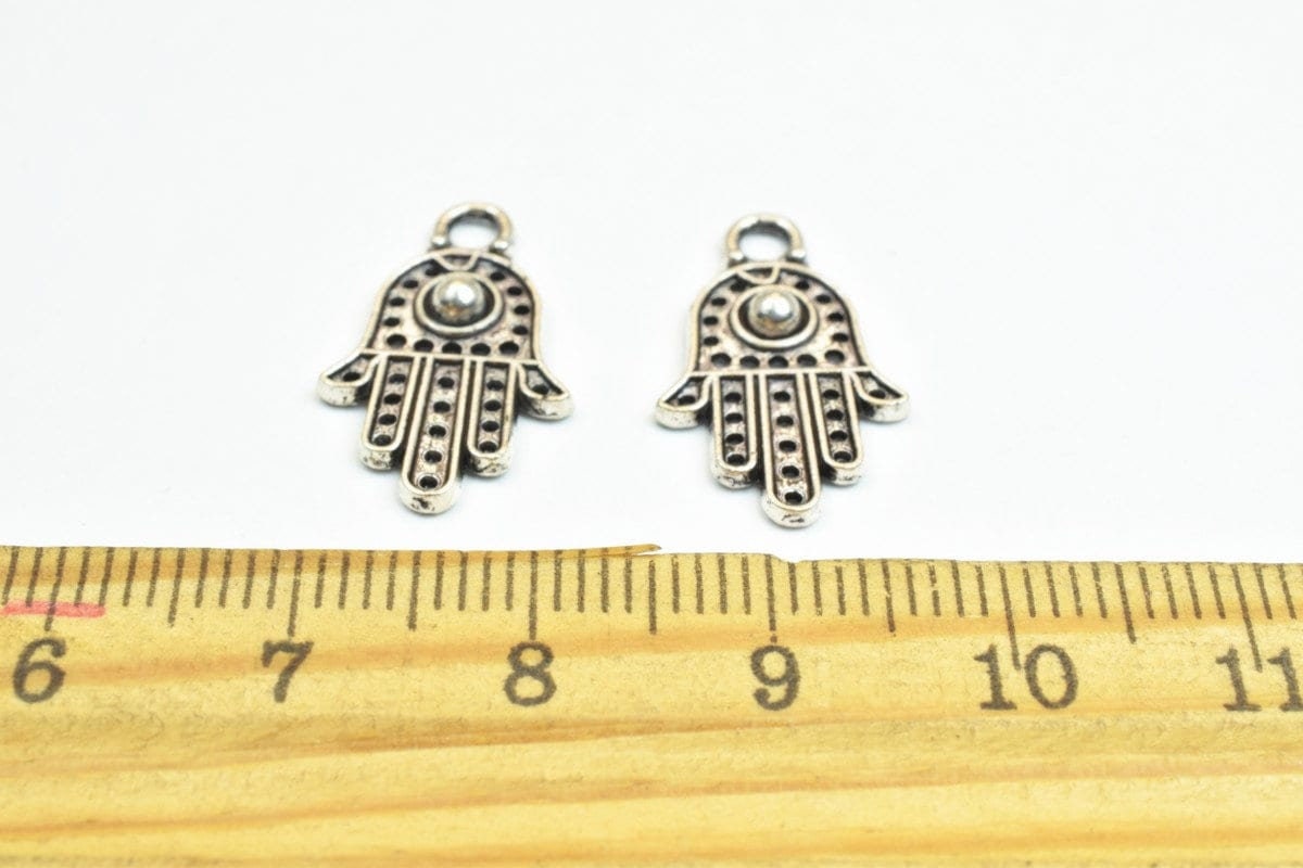 16 PCs Silver Alloy Hamsa Hand Charm Beads Antique Silver Size 20x12mm Decorative Design Metal Beads 3mm JumpRing Opening...