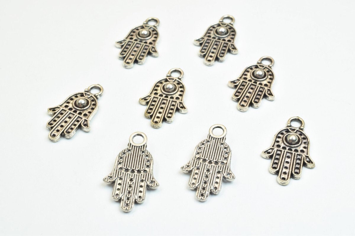 16 PCs Silver Alloy Hamsa Hand Charm Beads Antique Silver Size 20x12mm Decorative Design Metal Beads 3mm JumpRing Opening...