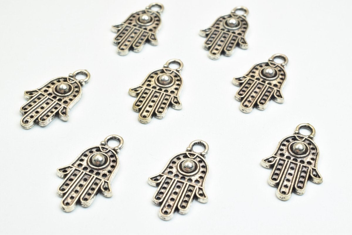 16 PCs Silver Alloy Hamsa Hand Charm Beads Antique Silver Size 20x12mm Decorative Design Metal Beads 3mm JumpRing Opening...