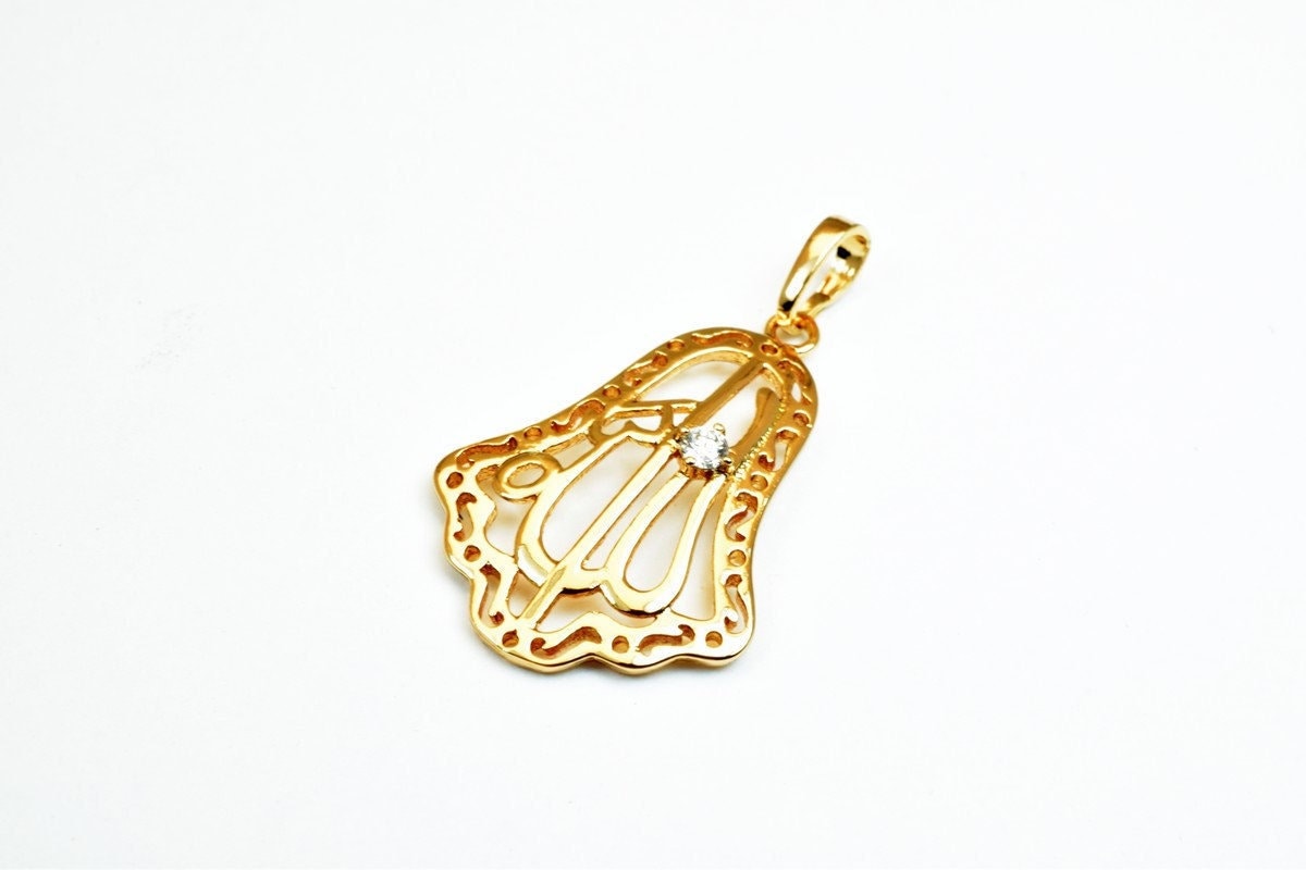 18KT as as Gold Filled* tarnish resistant Hamsa Hand Allah الله Pendant With Clear Cubic Zircon Stone, Size 27x19mm For Je...