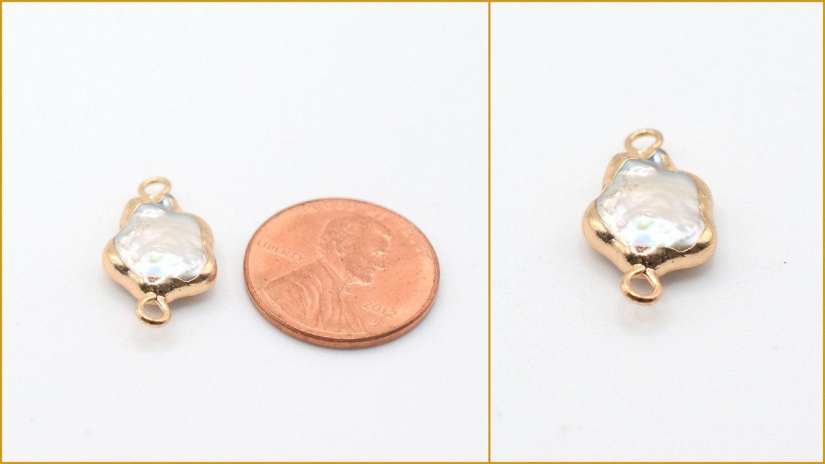 Fresh Water Pearl Connector Gold Plated Frame Beads, Horizontal Style (7 Designs, 20-30mm, Pave CZ Rhinestones)
