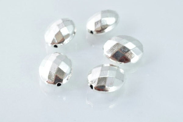 Faceted Disco Oval Matte Silver Spacer, Charm Pendant Beads, 11x14mm (7mm Hole, Alloy Metal, Pack of 5pcs)