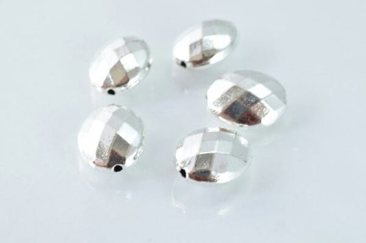 Faceted Disco Oval Matte Silver Spacer, Charm Pendant Beads, 11x14mm (7mm Hole, Alloy Metal, Pack of 5pcs)
