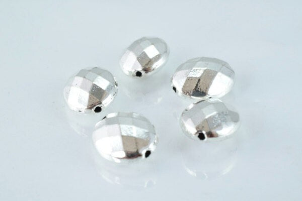 Faceted Disco Oval Matte Silver Spacer, Charm Pendant Beads, 11x14mm (7mm Hole, Alloy Metal, Pack of 5pcs)