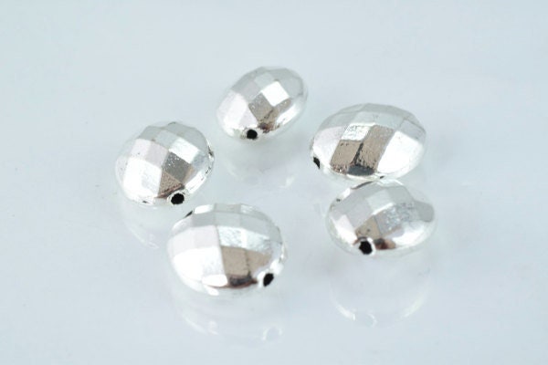 Faceted Disco Oval Matte Silver Spacer, Charm Pendant Beads, 11x14mm (7mm Hole, Alloy Metal, Pack of 5pcs)