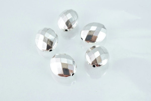 Faceted Disco Oval Matte Silver Spacer, Charm Pendant Beads, 11x14mm (7mm Hole, Alloy Metal, Pack of 5pcs)
