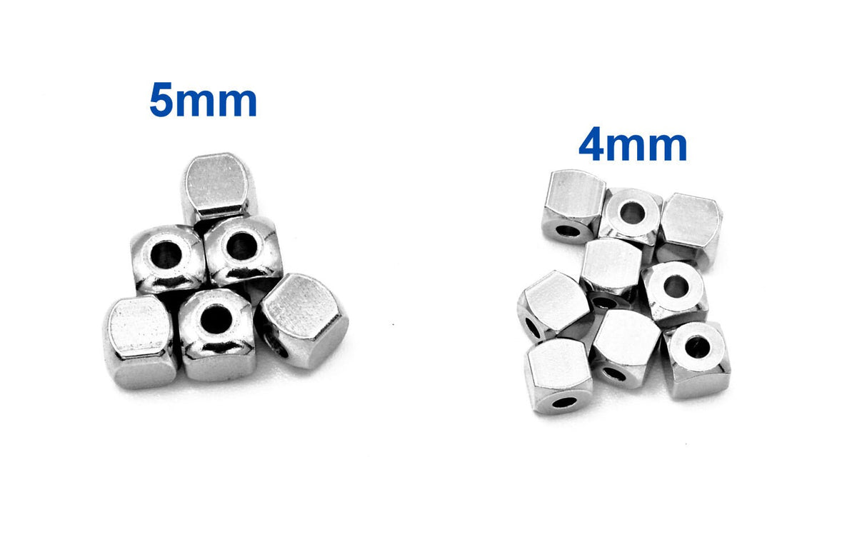 Cube Roundel Plain Spacer Beads - Stainless Steel Metal Beads - Square and Round Shapes, 4mm & 5mm Hole Sizes, Jewelry Crafting
