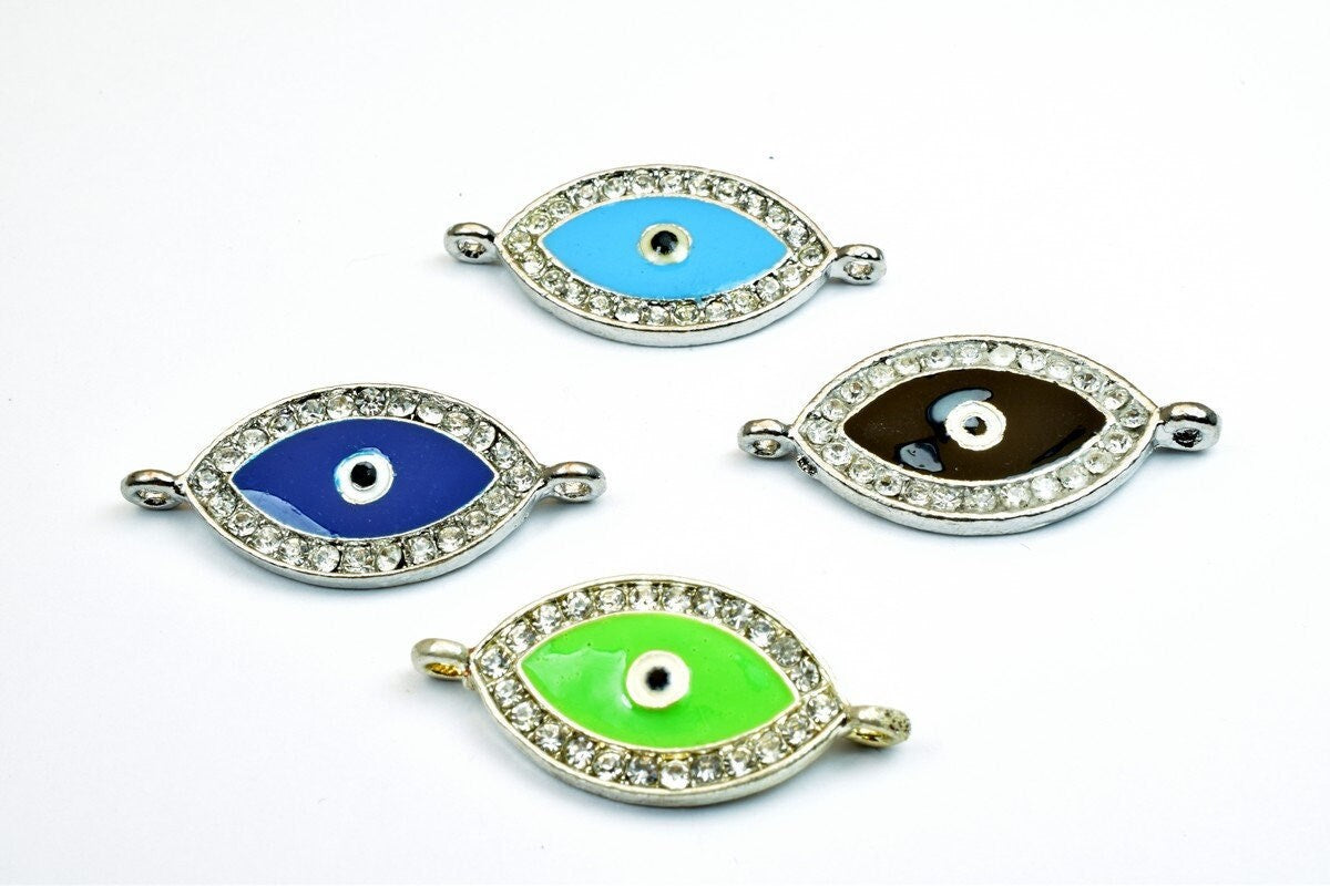 4 PCs Evil Eye Pave Crystal Rhinestone Spacer Connector Beads Size 34x16mm 2 Jump Rings Size 1.5mm Thickness 3mm Charm Pen...