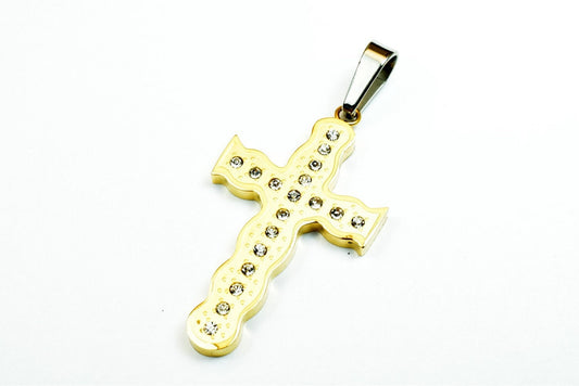 18K Gold Filled Cross Stainless Steel Pendants Cubic Zirconia Size 44x25mm, Christian Religious Charm Communion Baptism Fo...