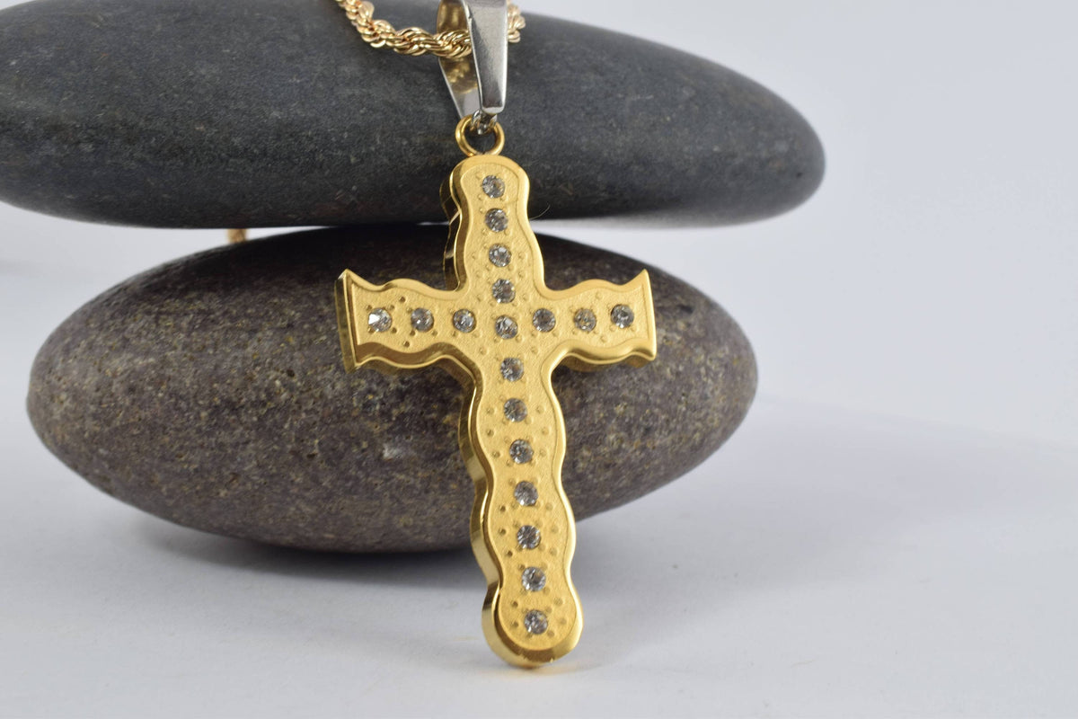 18K Gold Filled Cross Stainless Steel Pendants Cubic Zirconia Size 44x25mm, Christian Religious Charm Communion Baptism Fo...
