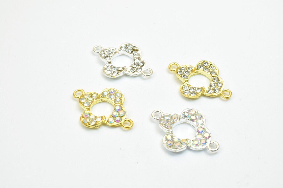 Clover Flower Rhinestone Connecting Charm with Pave Beads 4 PCs Size 21x15mm Thickness 3mm 2 Jump Rings 1.5mm For Jewelry...