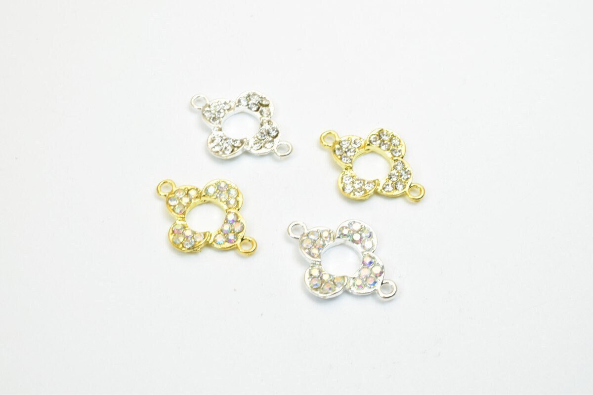 Clover Flower Rhinestone Connecting Charm with Pave Beads 4 PCs Size 21x15mm Thickness 3mm 2 Jump Rings 1.5mm For Jewelry...