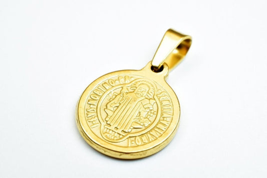 Saint Benedict Medal Pendant Gold Filled: Double-Sided Religious Charm - 18K Gold Tone, Round Design, Rosary & Necklace Use
