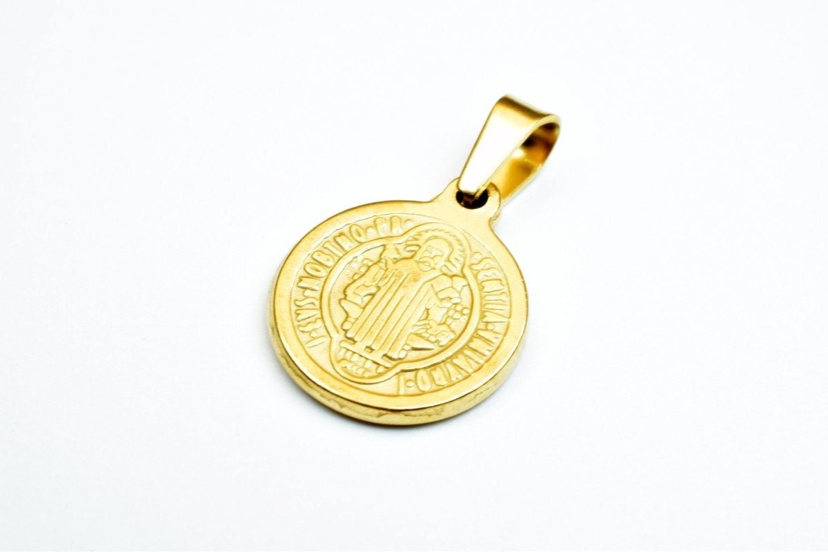 Saint Benedict Medal Pendant Gold Filled: Double-Sided Religious Charm - 18K Gold Tone, Round Design, Rosary & Necklace Use