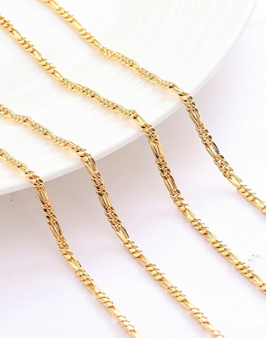 3mm Gold Plated Figaro Chain: Electroplated Jewelry Making Supply, Copper Base Metal (1mm Thick, Sold by Foot)