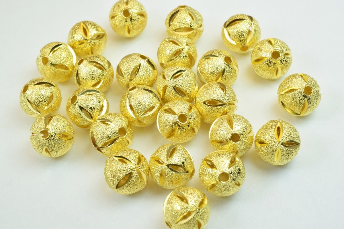 100 PCs Gold Plated Carved Round Beads 8mm/10mm Diamond Cut jewelry making supplies - detail image 3