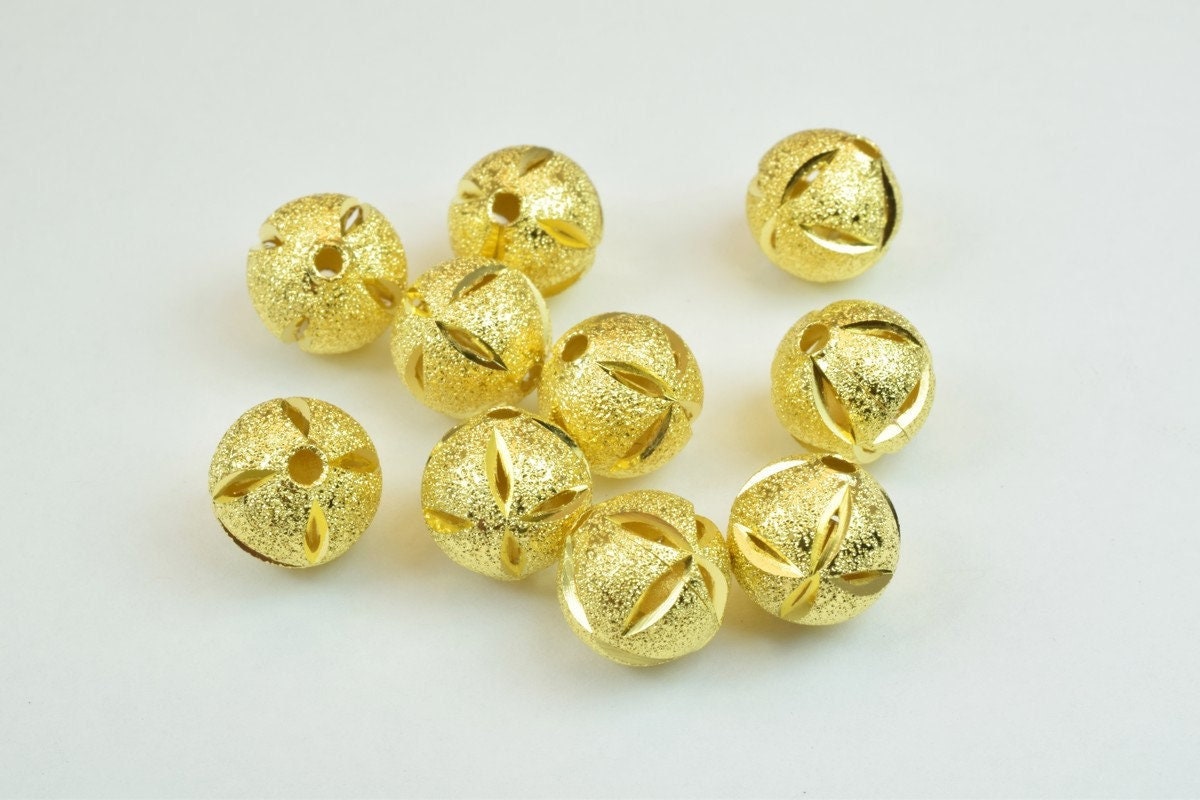 100 PCs Gold Plated Carved Round Beads 8mm/10mm Diamond Cut jewelry making supplies - detail image 7