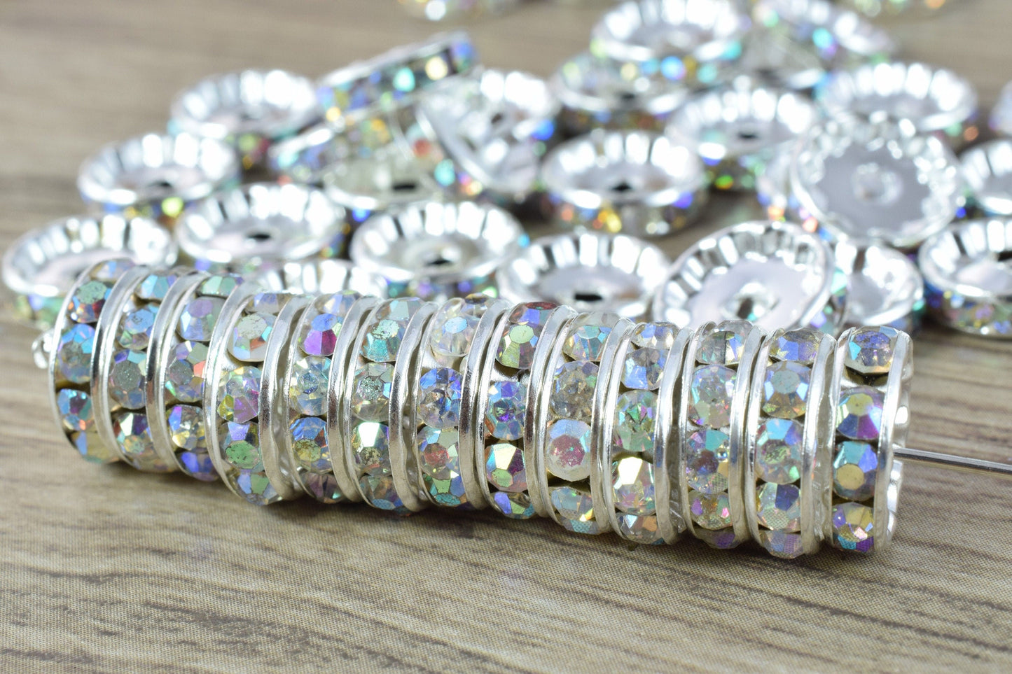 12mm Roundel AB Silver Beads with AB Clear Rhinestone,Best Quality Silver Rondelle Spacer beads Swarovski Crystal (Crystal...