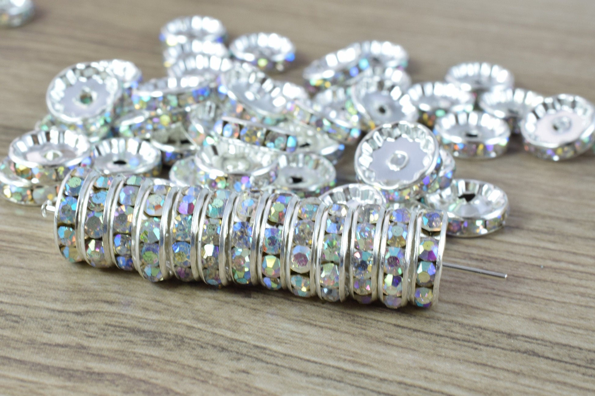 12mm Roundel AB Silver Beads with AB Clear Rhinestone,Best Quality Silver Rondelle Spacer beads Swarovski Crystal (Crystal...