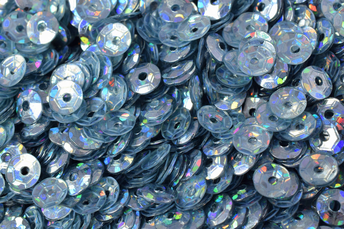 Blue Silver Cup Sequins Round Paillettes, Glossy Iridescent Sheen (3/4/6mm Sizes, Lightweight Plastic, 2000pcs Pack)