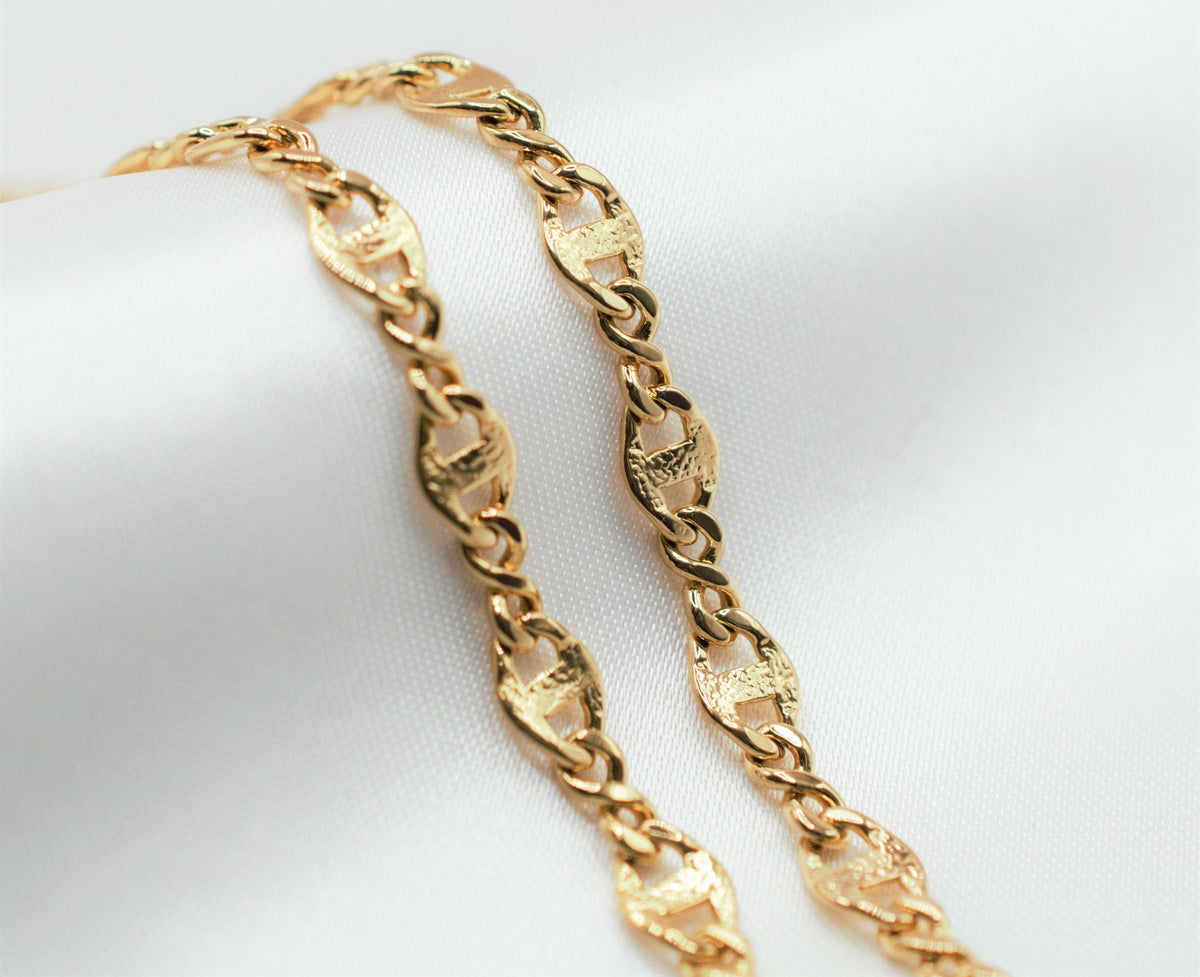 18" inches 18k gold filled EP figaro chain, channel link similar design chain, 6mm width 1mm thickness, findings for jewel...