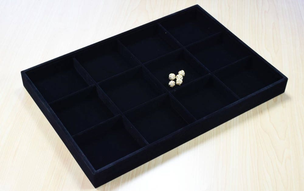 Black Velvet Jewelry Tray Organizer, 12 Compartments, Soft Velvet Interior (14x9.5x1.25 in, Rings & Earrings Storage)