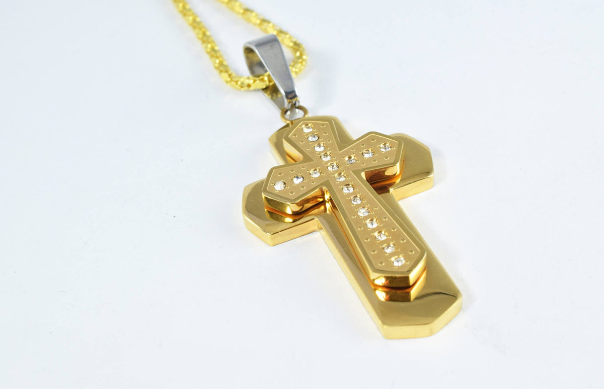 18K Gold Filled Cross Stainless Steel Pendant, CZ Cubic Zirconia Rhinestone Size 43x25mm Christian Religious Rosary or Jew...