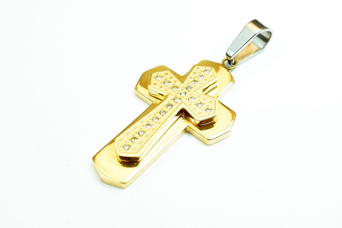 18K Gold Filled Cross Stainless Steel Pendant, CZ Cubic Zirconia Rhinestone Size 43x25mm Christian Religious Rosary or Jew...