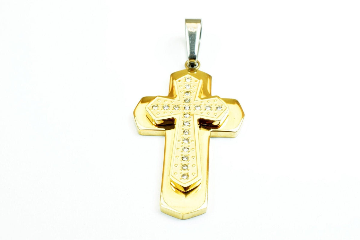 18K Gold Filled Cross Stainless Steel Pendant, CZ Cubic Zirconia Rhinestone Size 43x25mm Christian Religious Rosary or Jew...