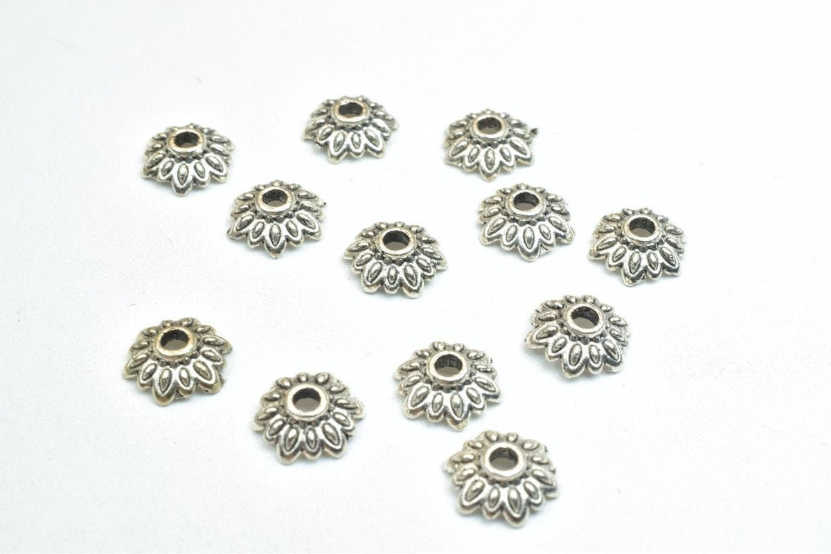 Flower Beads Caps: Antique Silver Finish - 8mm Diameter, 2mm Hole, Metal Alloy for Crafting Jewelry