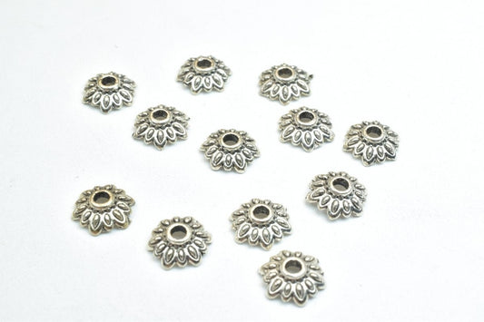 Flower Beads Caps: Antique Silver Finish - 8mm Diameter, 2mm Hole, Metal Alloy for Crafting Jewelry