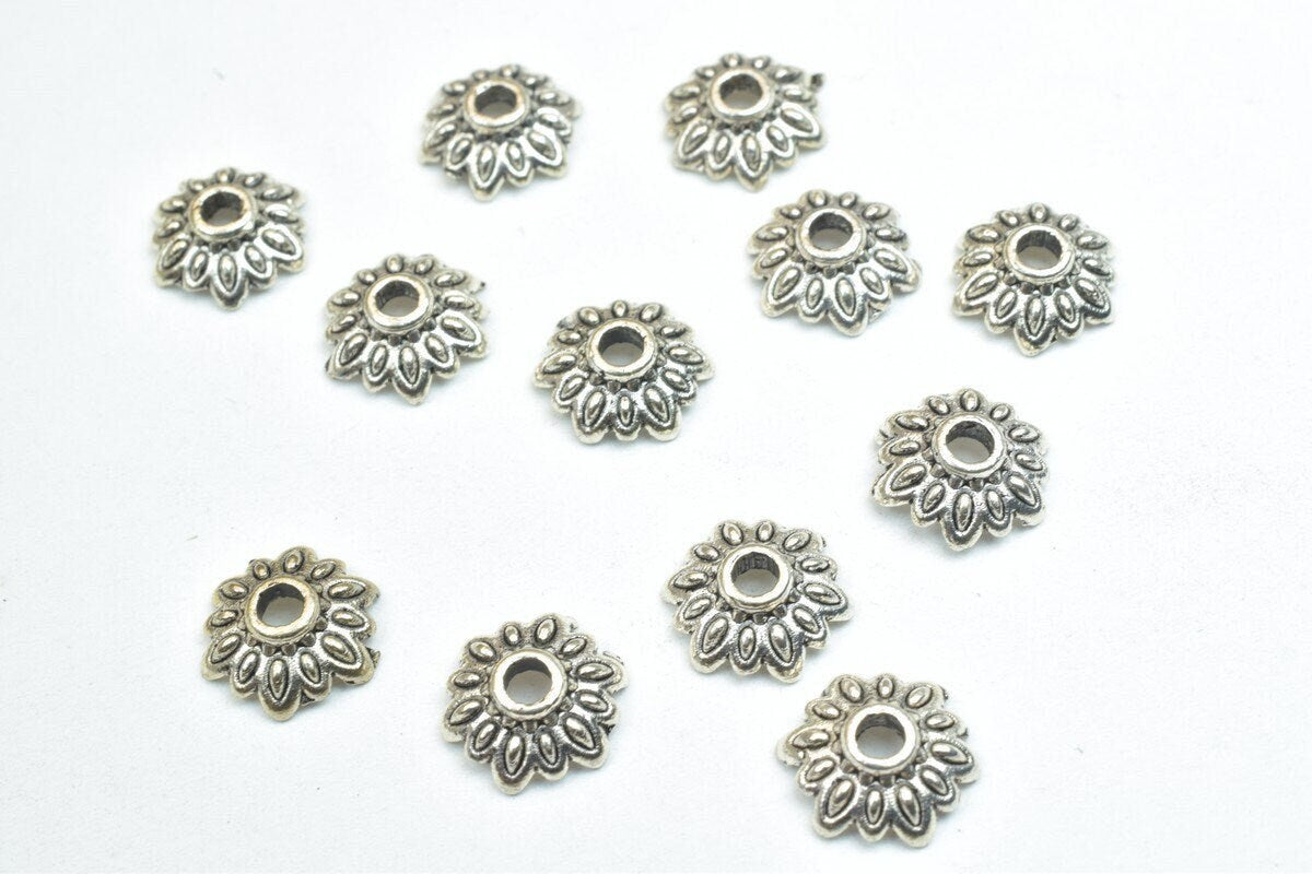 Flower Beads Caps: Antique Silver Finish - 8mm Diameter, 2mm Hole, Metal Alloy for Crafting Jewelry