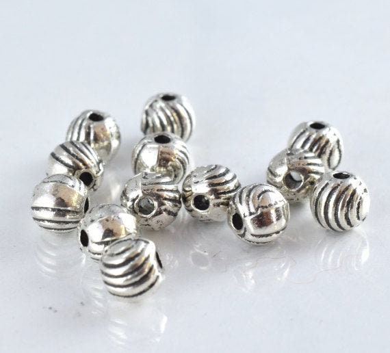 5mm Antique Ridge Beads - Vintage Style Silver Round Metal Beads - 1.5mm Hole Opening, 40pcs Pack, Jewelry Crafting Supplies