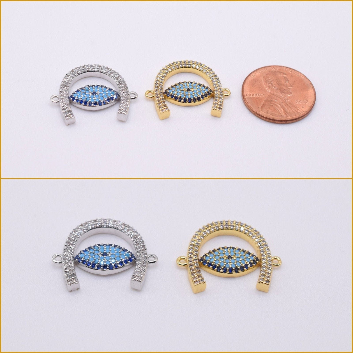 Hand Horse Shoes Micro Pave CZ Beads, Horizontal Connector, Gold Silver Plated (22mm, Jump Ring Included, Rhinestone Craft Supplies)