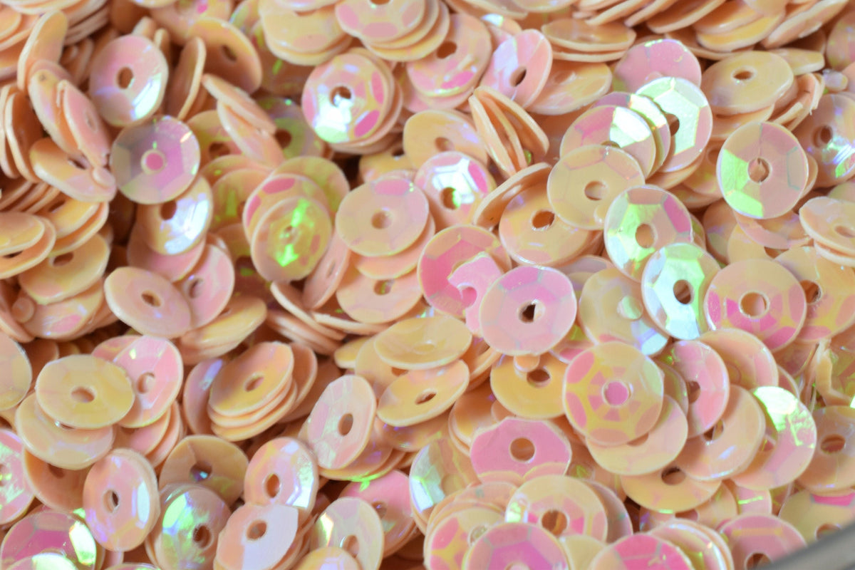 Peach Baby Pink Sequins Iridescent Round Cups, 3/4/6mm Sizes (Center Hole Opening, Lightweight Plastic, Sewing and Craft Use)