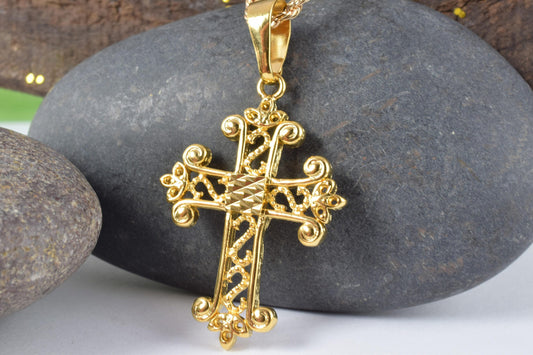 18K as Gold Filled* Filigree Cross Pendants Size 40x28mm, Christian Religious Cross Charm, First Communion Baby Baptism Fo...