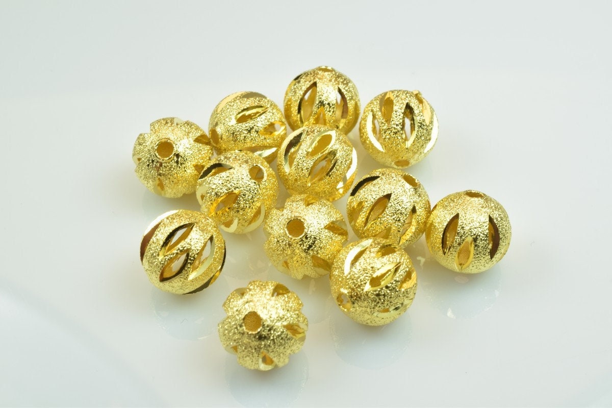 100 PCs Gold Plated Carved Round Beads 8mm/10mm Diamond Cut jewelry making supplies - detail image 2