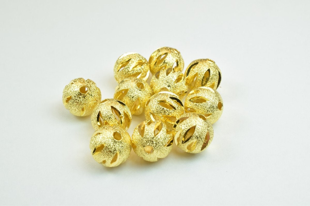100 PCs Gold Plated Carved Round Beads 8mm/10mm Diamond Cut jewelry making supplies - detail image 5