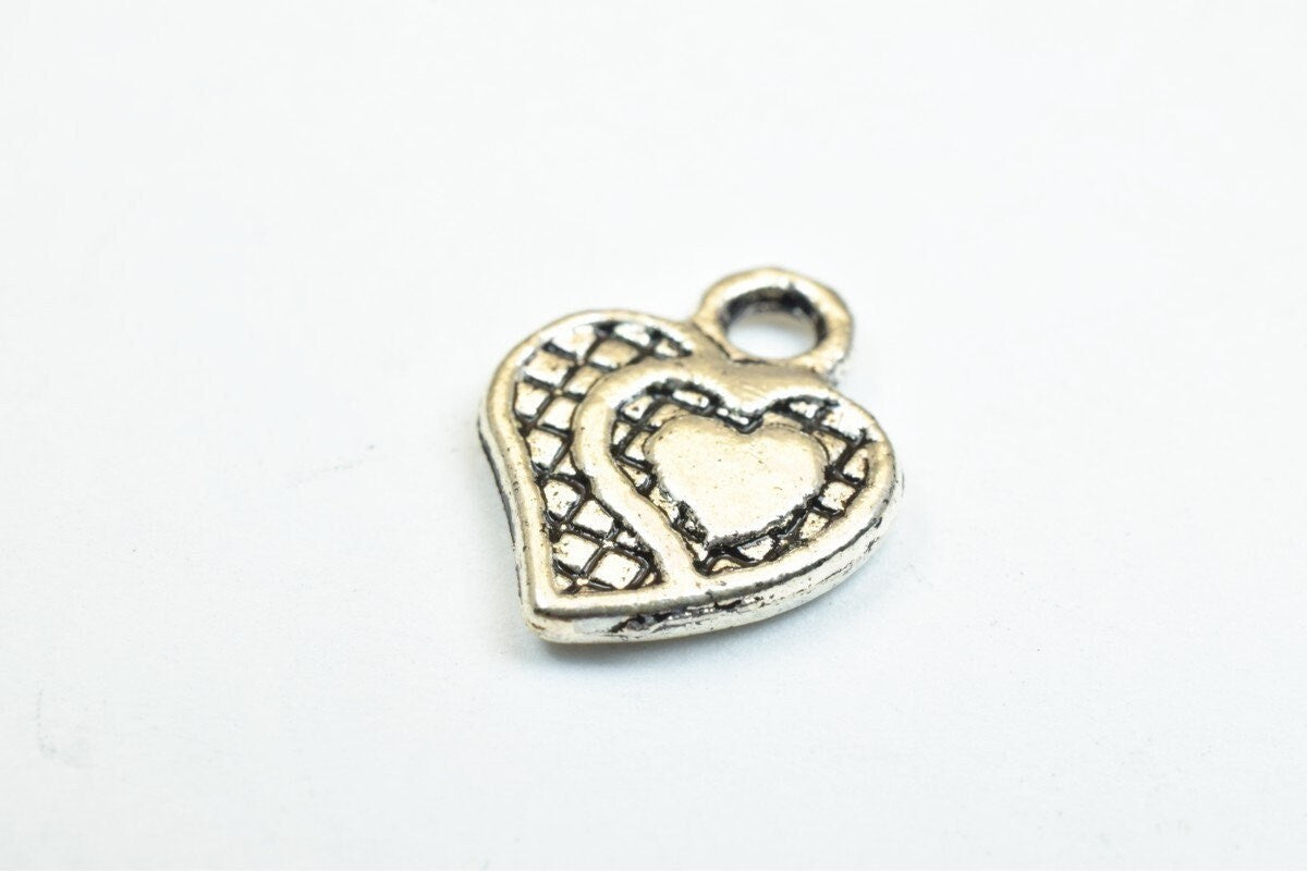 20 PCs Silver Alloy Heart Charm Beads Antique Silver Size 12x10mm Decorative Design Metal Beads 3mm JumpRing Opening for J...