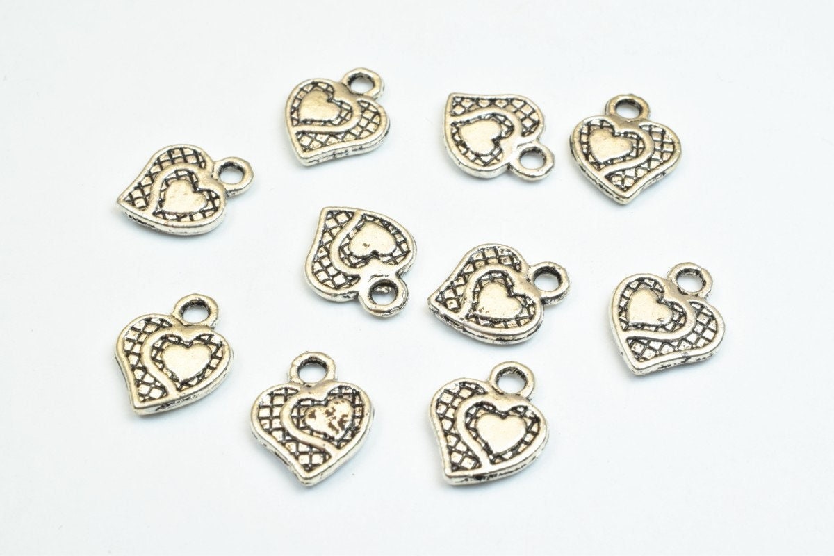 20 PCs Silver Alloy Heart Charm Beads Antique Silver Size 12x10mm Decorative Design Metal Beads 3mm JumpRing Opening for J...