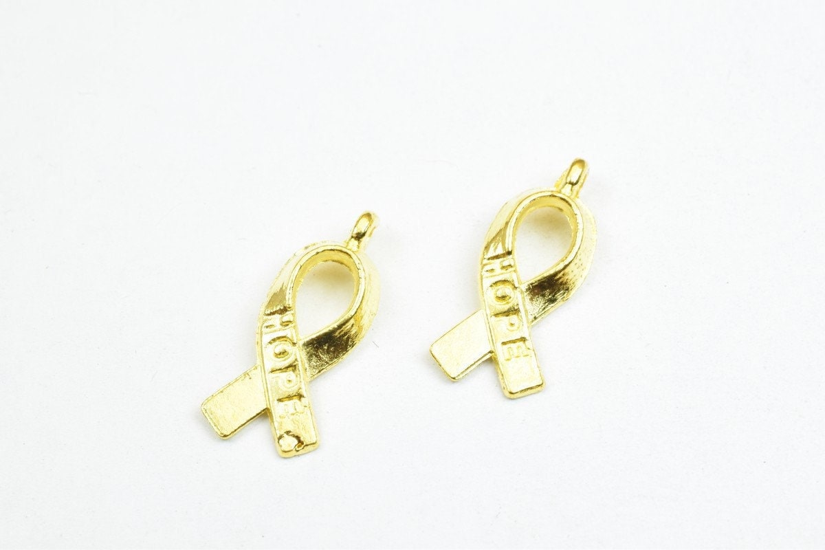 12 PCs Hope Breast Cancer Charm Pendant Bead Gold Size 18x8mm Decorative Design Metal Beads 1mm Jump Ring Opening for Jewe...