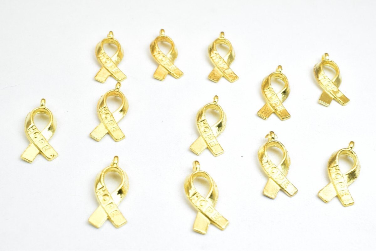 12 PCs Hope Breast Cancer Charm Pendant Bead Gold Size 18x8mm Decorative Design Metal Beads 1mm Jump Ring Opening for Jewe...